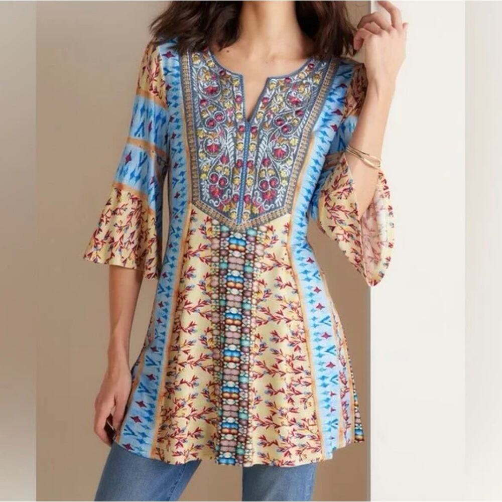 Soft Surroundings Fifi Velvet Embroidered 3/4 Flare Bell Sleeve Tunic Top